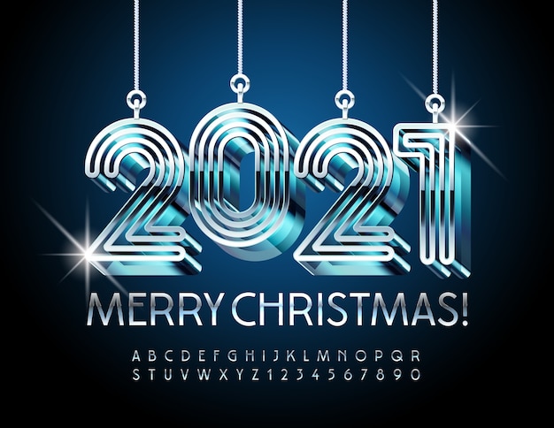 Vector greeting card merry christmas with abstract toys 2021. metallic elegant font. reflective chrome alphabet letters and numbers set