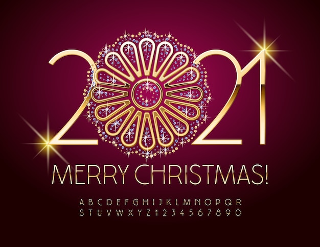  greeting card Merry Christmas with Brilliant Flower Ornate. Gold Elegant Alphabet Letters and Numbers. Chic shiny Font