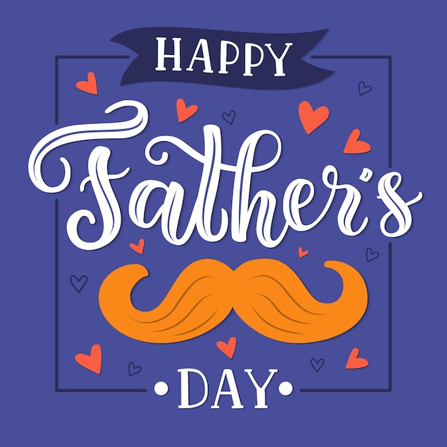 Vector greeting card met happy fathers day met de hand getekende letters met harten en snor