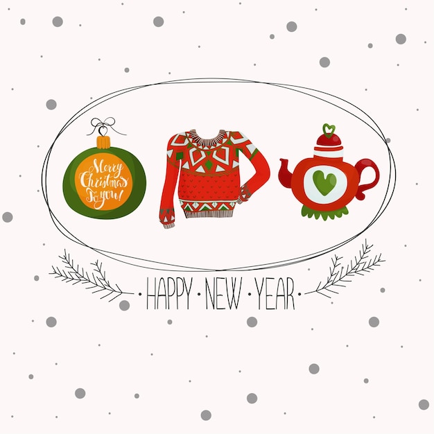 Greeting card for the New Year holidays. Vector lettering illustration in cute cartoon light style for print and decoration.