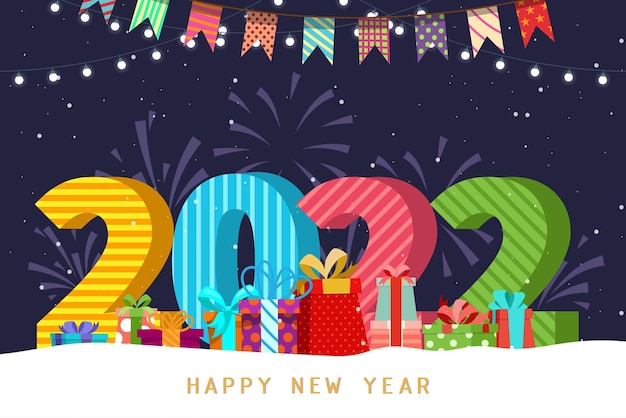 the greeting card of new year with number 2022 and lettering happy and celebrate with gift box, vector illustration