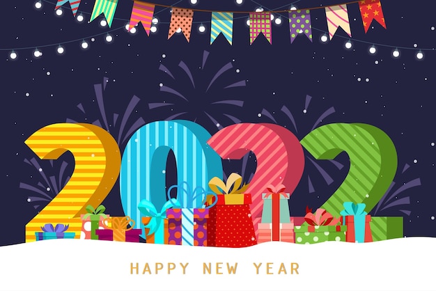 The greeting card of new year with number 2022 and lettering happy and celebrate with gift box, vector illustration