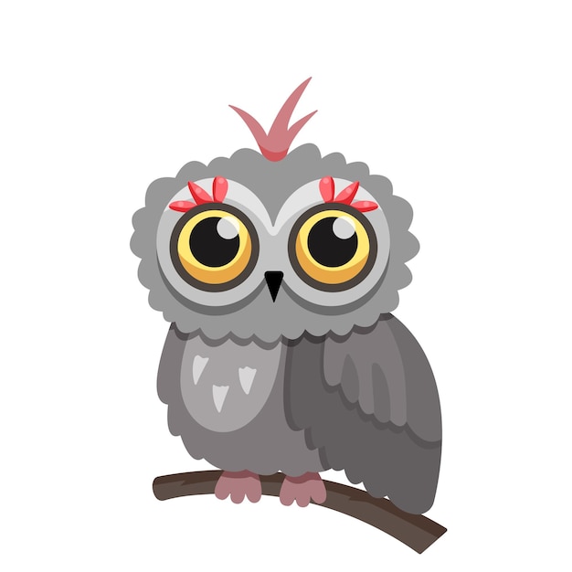 For a greeting card Owl icon A gray owl sits on a branch Wild forest bird Flat vector