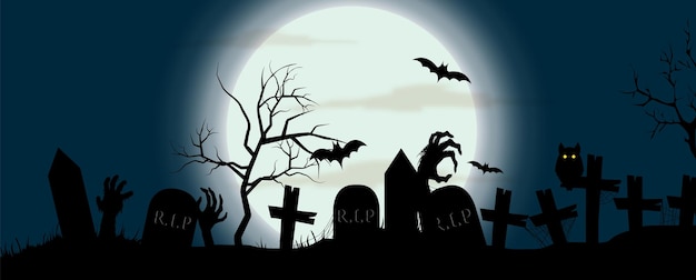 Cartolina d'auguri e poster sagoma nera di cimiteri e mani dei diavoli nella scena notturna dell'orrore del giorno di halloween. tutto nel disegno vettoriale di banner.