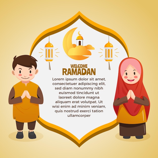 Поздравительная открытка рамадан с симпатичным мальчиком и девушкой-мусульманкой