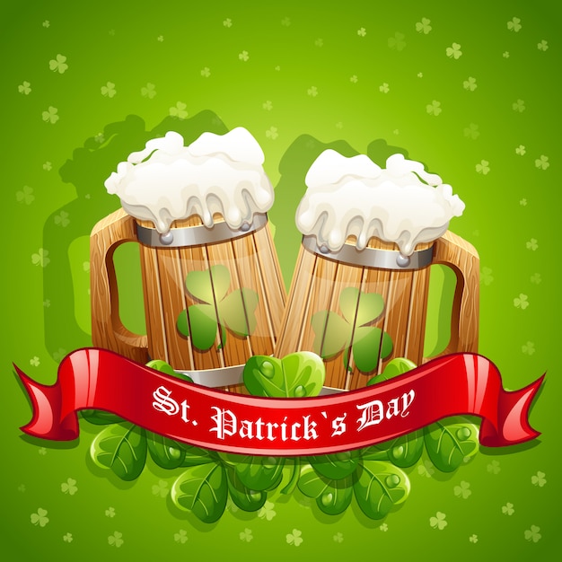 Vector greeting card for st. patricks day with a mug of ale and a red ribbon