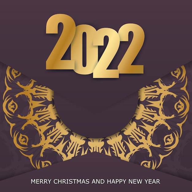 Modello di biglietto di auguri 2022 buon natale colore bordeaux con ornamento d'oro vintage