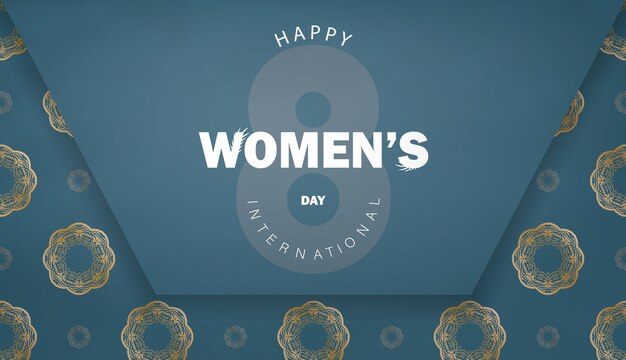 Greeting card template 8 march international womens day blue color with winter gold pattern