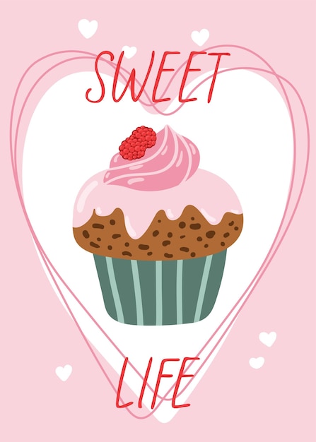Greeting card template Cute cartoon cupcake for birthday valentines day postcard poster or banner