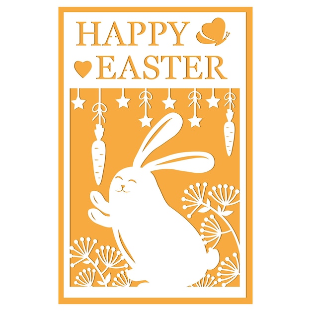 Greeting card template with easter bunny papercut style paper cutting vector illustration