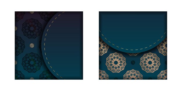 인쇄용으로 준비된 그리스 골드 패턴이 있는 그라데이션 블루 색상의 인사말 카드 템플릿.