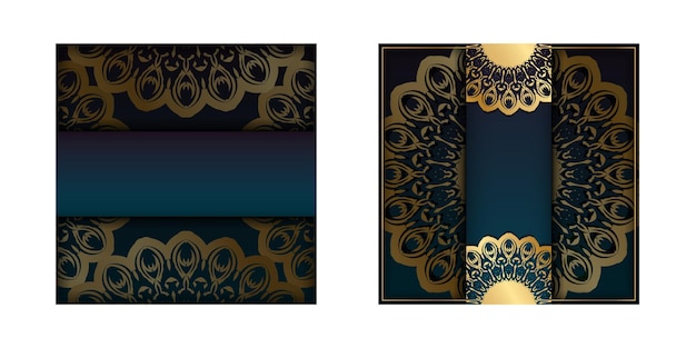 Шаблон поздравительной открытки с градиентным синим цветом с роскошным золотым узором, подготовленный для печати.