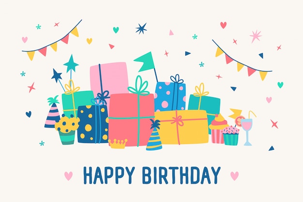 Vector greeting card template with happy birthday inscription and pile of gift boxes