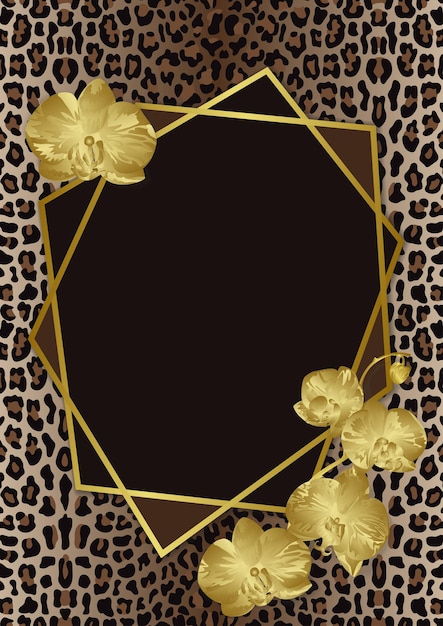 Greeting Card template with leopard print orchids and geometric artdeco frame