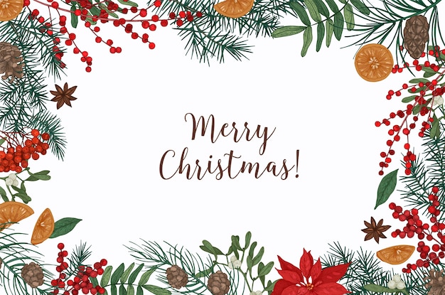 Greeting card template with Merry Christmas lettering and border made of conifer branches