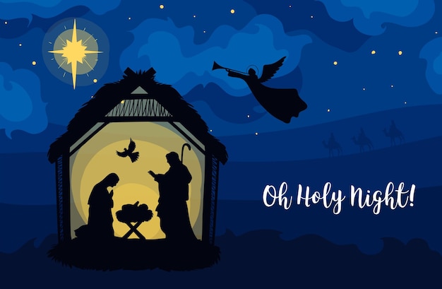 Vettore biglietto di auguri del tradizionale presepe di natale cristiano di gesù bambino nella mangiatoia con maria e giuseppe in silhouette. notte santa