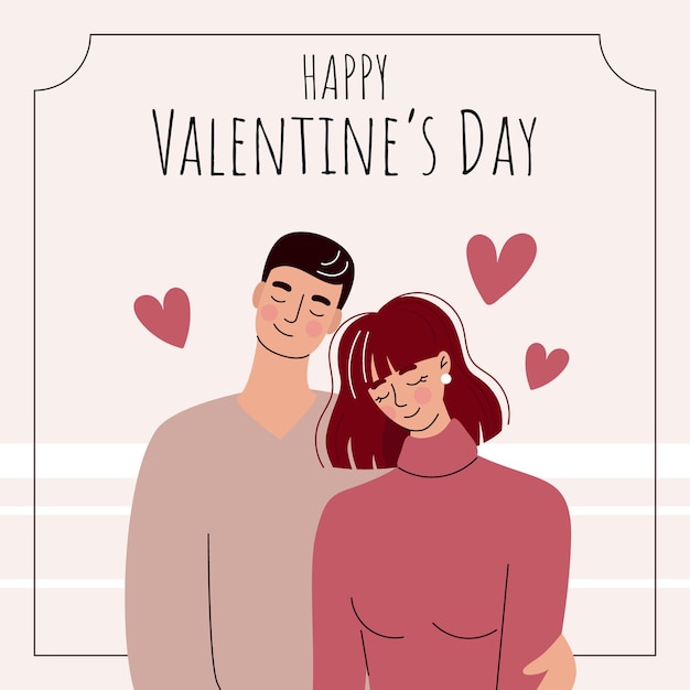 Vector greeting card for valentines day loving couple in flat cartoon style vector illustration beautiful