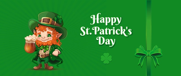 Vector greeting card where a cute red leprechaun raises a mug of beer and congratulates on st patrick day