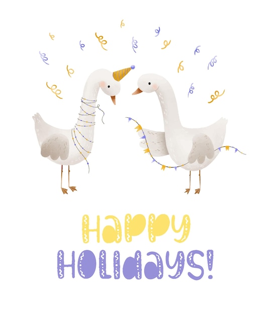 Greeting card for winter holidays Cute cartoon Geese with garlands Isolated illustration party