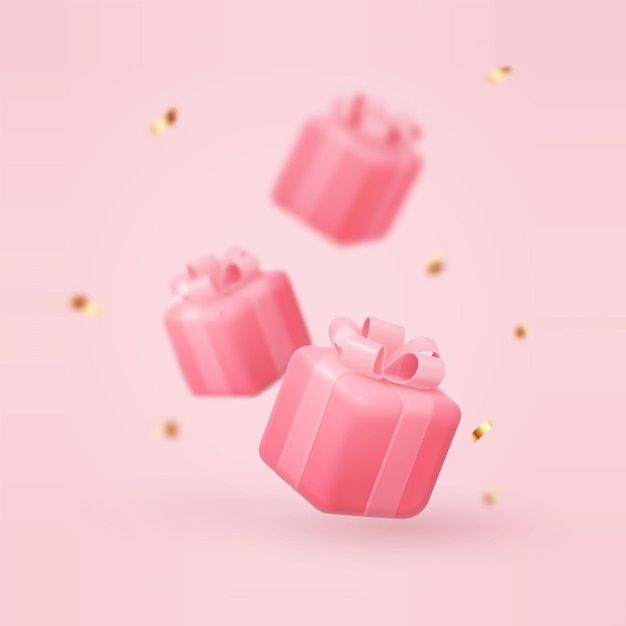 Приветственная открытка с 3D-реалистичными розовыми подарочными коробками и конфетами Векторная иллюстрация EPS10