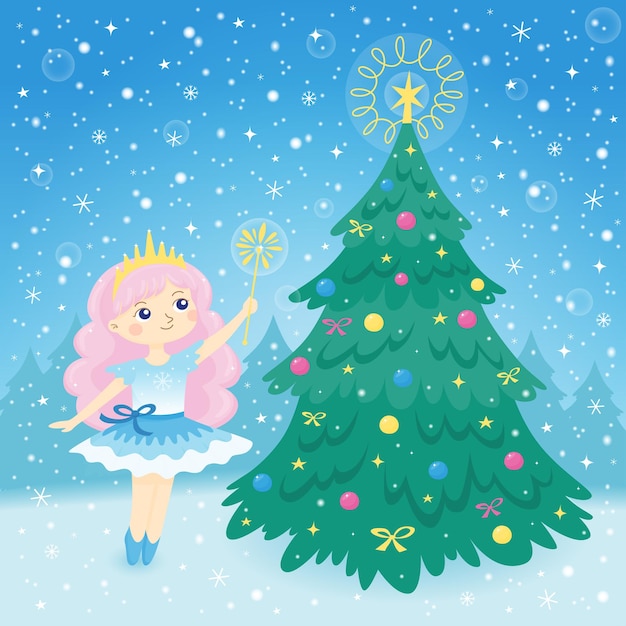 Вектор Поздравительная открытка с милой маленькой принцессой в синем платье новогодняя елка и зимний пейзаж