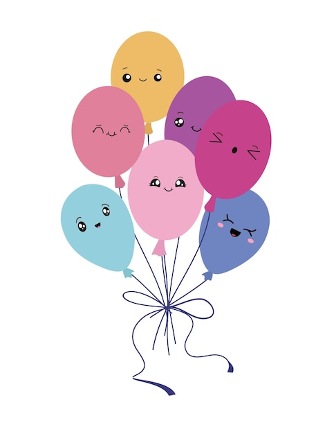 Vettore biglietto di auguri con palloncini in stile kawaii palloncini simpatico cartone animato illustrazione vettoriale