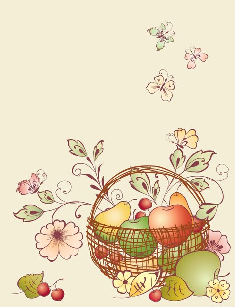 Greeting card with basket ripe fruit and decorative flowers