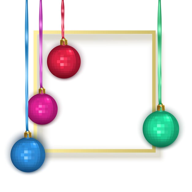 Greeting card with blue text frame and colorful christmas balls postcard new year card