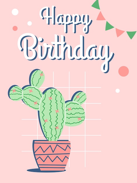 Vector greeting card with cactus rose green color happy birthday trendy postcard vector illustration