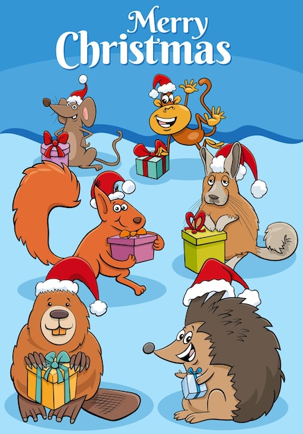 Biglietto di auguri con animali dei cartoni animati con regali nel periodo natalizio