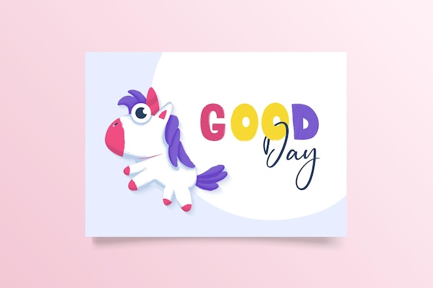 Vector greeting card with cartoon bright unicorn and positive quote