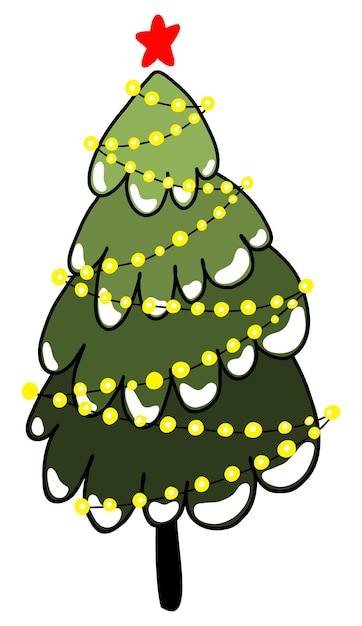 만화 크리스마스 트리 와 불빛 이 있는 꽃줄 이 있는 인사 카드