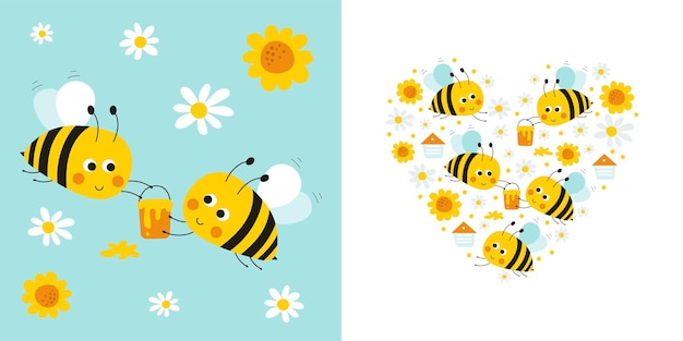 Greeting card with cartoon cute bee vector illustrations