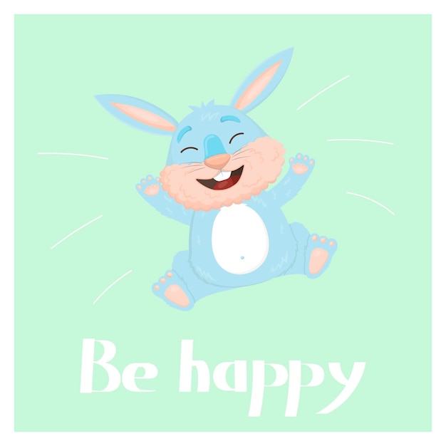 Vector greeting card with a cheerful blue jumping rabbit