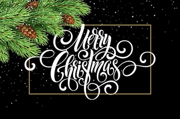 Greeting card with christmas tree and calligraphic sigh merry christmas. vector holiday illustration