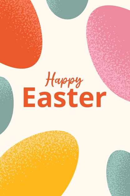 Vector greeting card with colorful eggs from simple geometric grainy shapes and text for happy easter