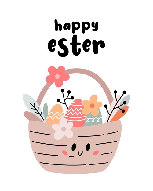 Вектор Поздравительная карточка с милой корзиной с яйцами и цветами пасхальная иллюстрация в стиле бохо счастливой пасхи