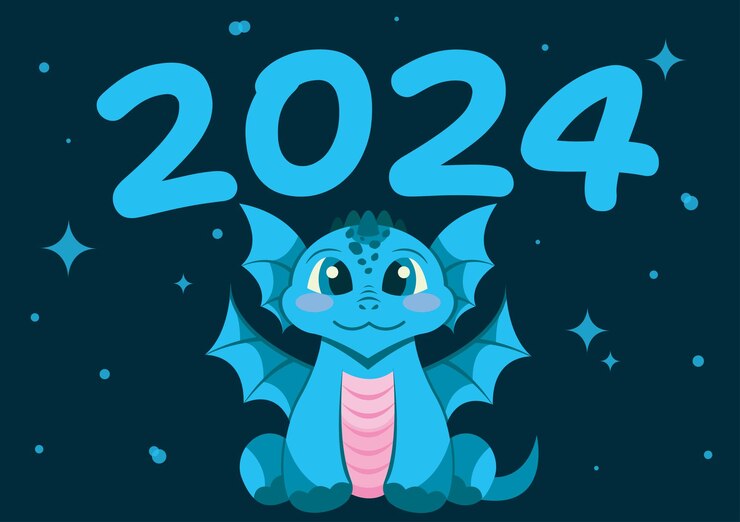 Vector 귀여운 파란 드래곤 새해 2024 새해 상징과 함께 축하 카드