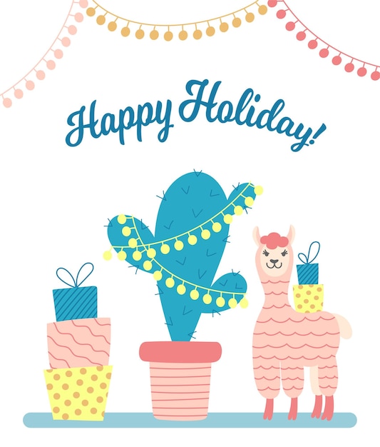 Vector greeting card with cute cartoon alpaca, gift boxes and decorated cactus on a white background.