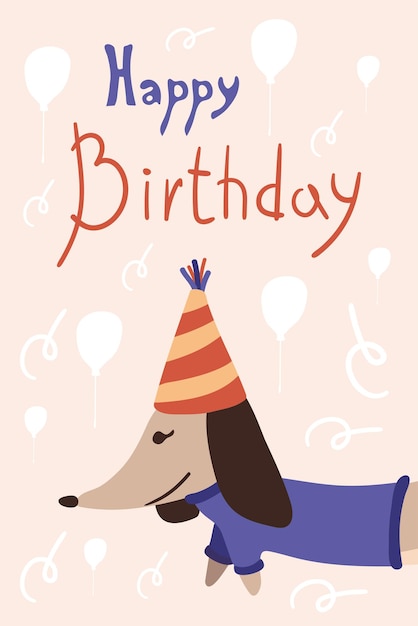 Biglietto di auguri con un simpatico bassotto. poster di compleanno con un simpatico cagnolino. illustrazione vettoriale in uno stile piatto alla moda