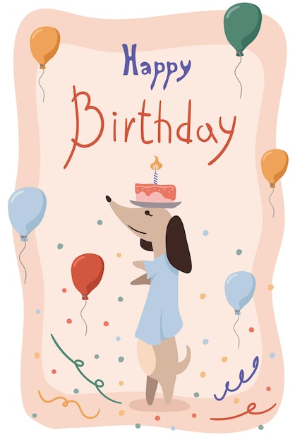 Greeting card with cute Dachshund with cake Birthday poster with a funny little dog Vector