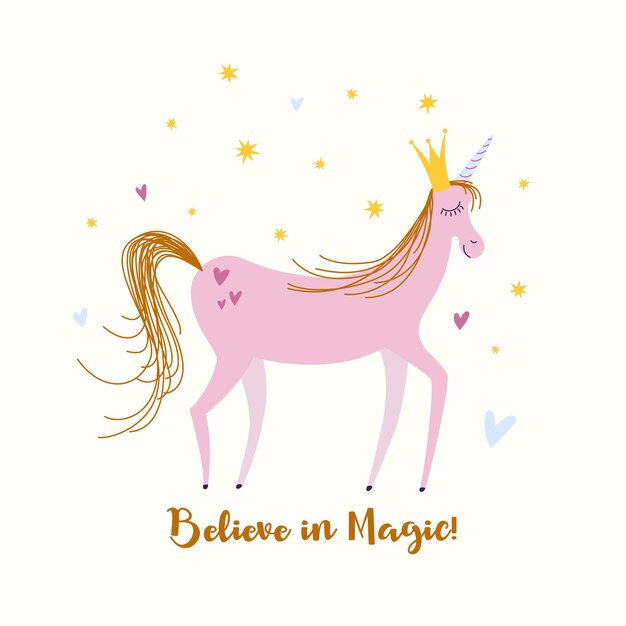 Greeting card with a cute fabulous pink unicorn