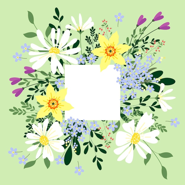 Greeting card with cute flowers in a naive style