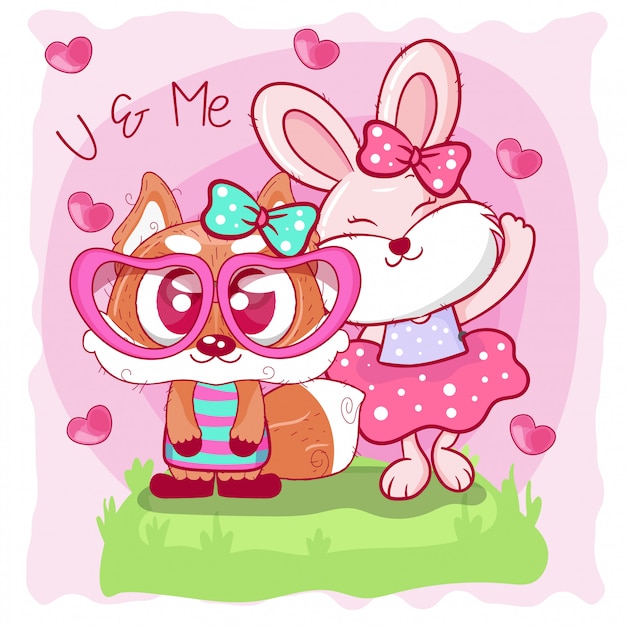 Greeting card with cute fox and bunny cartoon