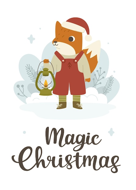 Greeting card with cute fox with kerosene lamp christmas card with animal and calligraphy lettering