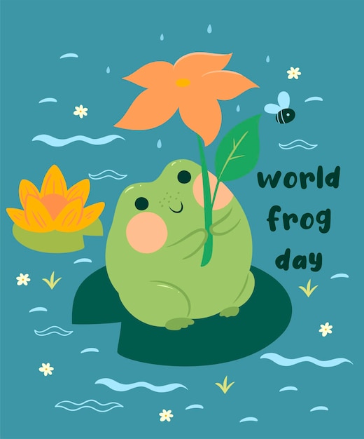 Greeting card with a cute frog and the inscription world frog day. vector graphics.