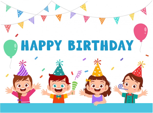 Vector greeting card with cute happy kids celebrating birthday