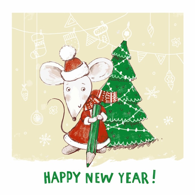 Greeting card with cute mouse for Happy New Year