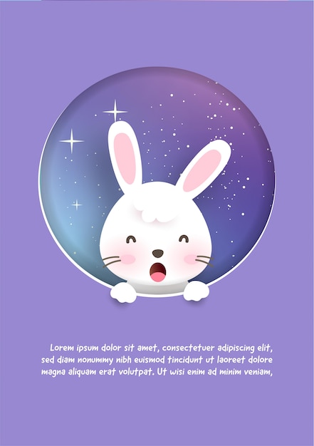 Greeting card with cute rabbits in galaxy background. paper cut and craft style .