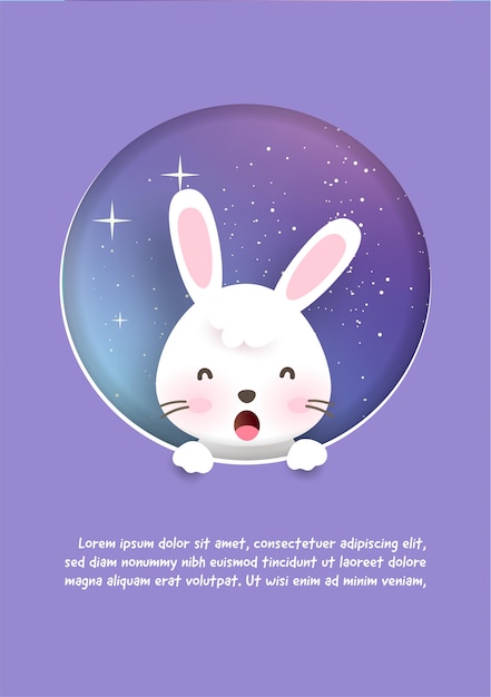 벡터 갤럭시 배경에서 귀여운 토끼 인사말 카드입니다. 종이 잘라 공예 스타일.